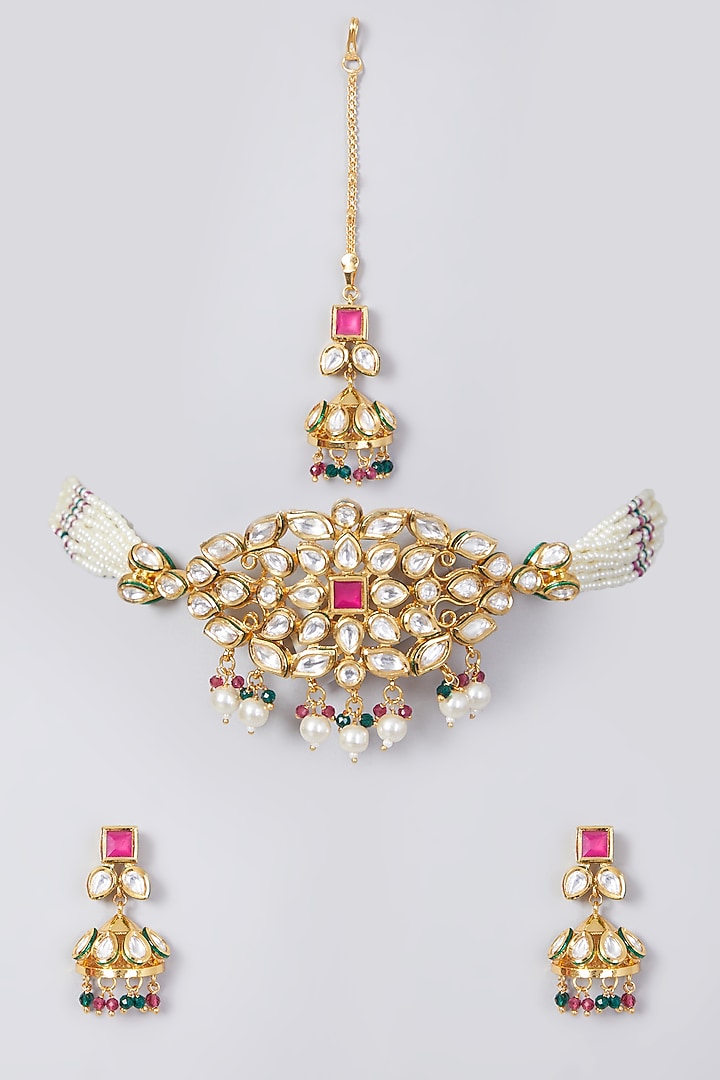 Gold Plated Kundan Polki Necklace Set by Zevar By Geeta at Pernia's Pop Up Shop