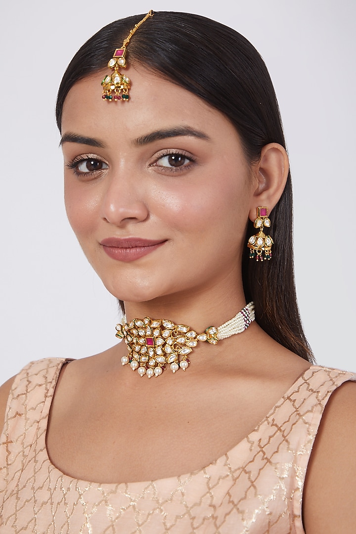 Gold Plated Kundan Polki Necklace Set by Zevar By Geeta at Pernia's Pop Up Shop