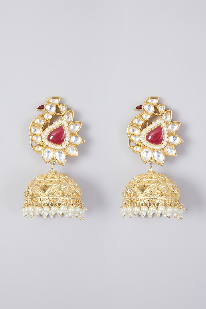 Gold Finish Kundan Polki & Pearl Jhumka Earrings by Zevar By Geeta