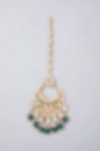 Gold Finish Emerald & Kundan Polki Maang Tikka by Zevar By Geeta