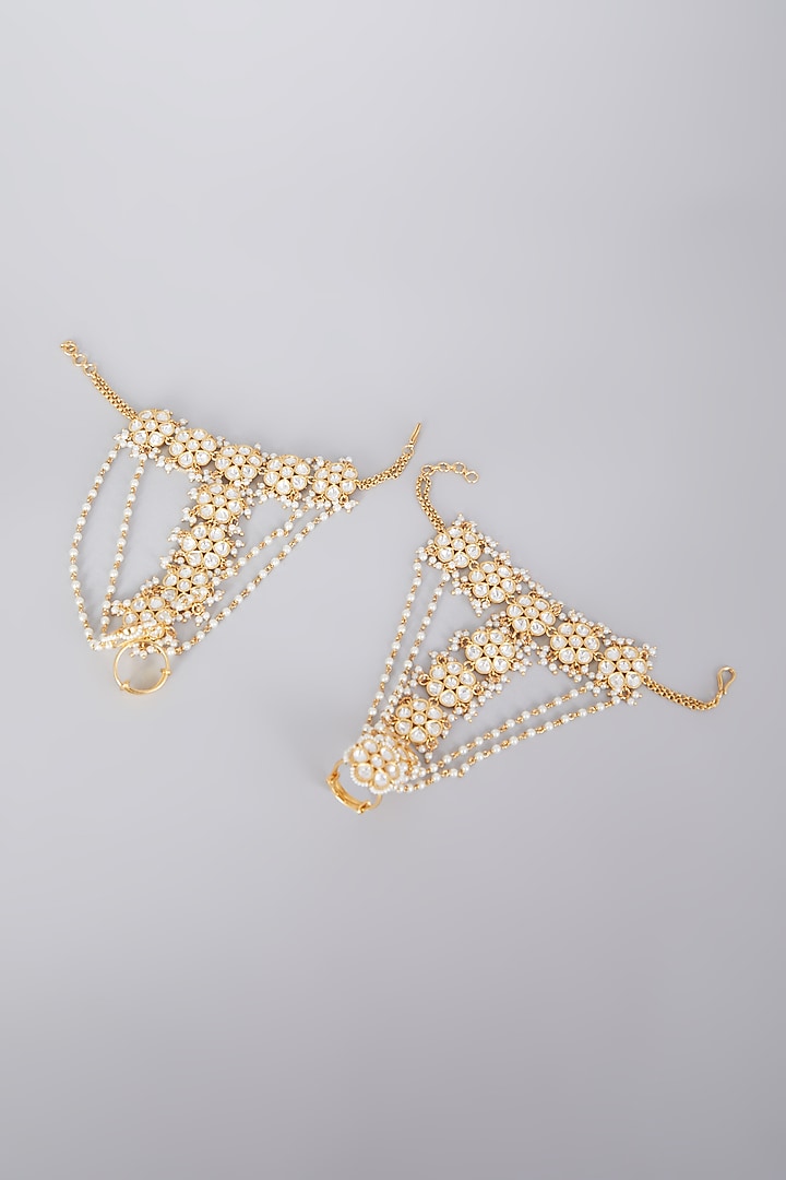 Gold Finish Kundan Polki Hathphools (Set Of 2) by Zevar By Geeta at Pernia's Pop Up Shop