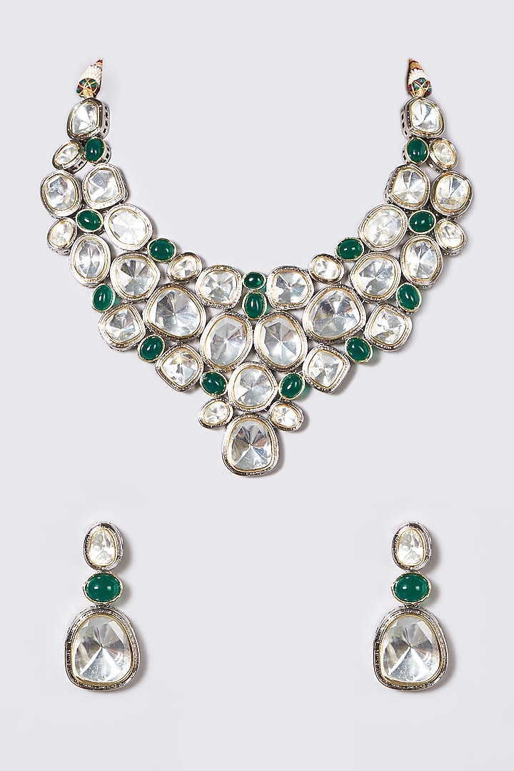 White Finish Kundan Polki & Emerald Necklace Set by Zevar by Geeta at Pernia's Pop Up Shop