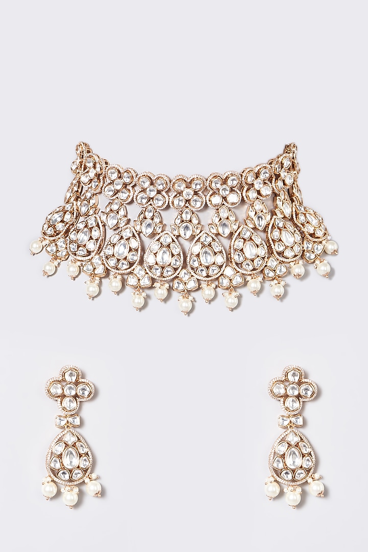 White Plated Kundan Polki & Pearl Choker Necklace Set by Zevar by Geeta at Pernia's Pop Up Shop