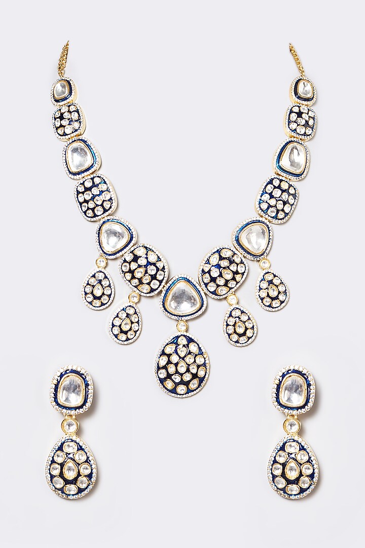 White Plated Kundan Polki Long Necklace Set by Zevar by Geeta at Pernia's Pop Up Shop
