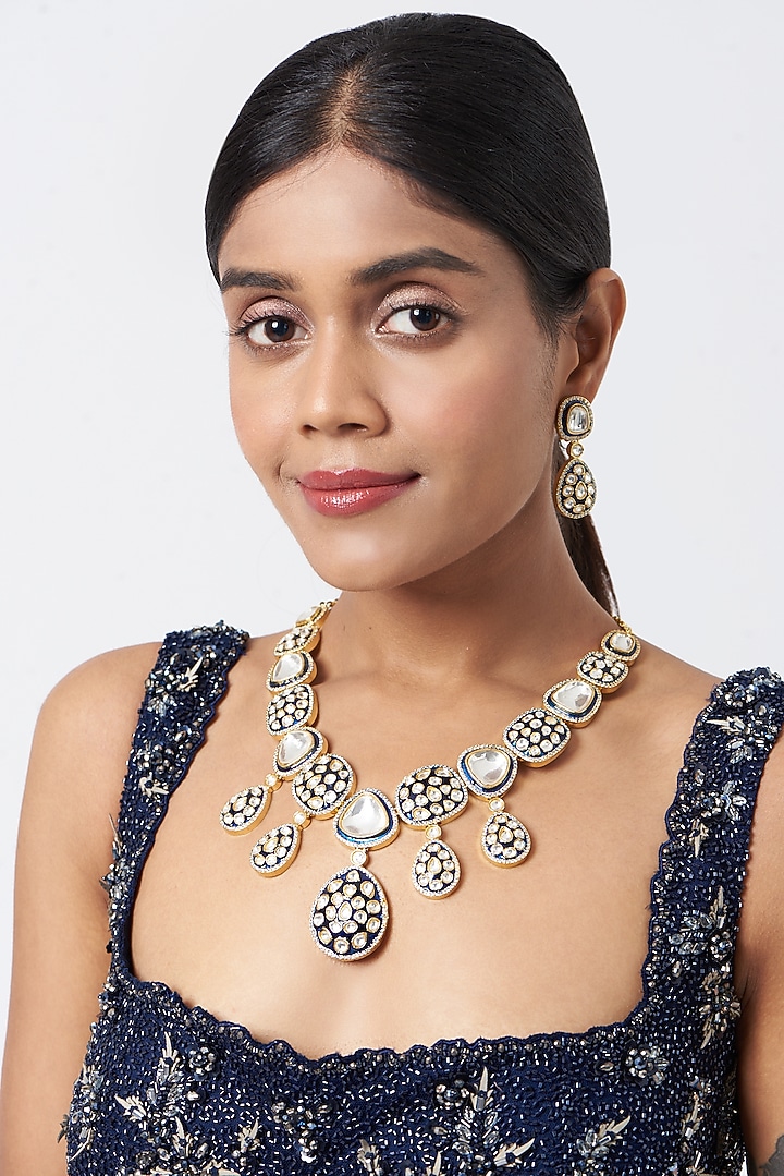 White Plated Kundan Polki Long Necklace Set by Zevar by Geeta at Pernia's Pop Up Shop