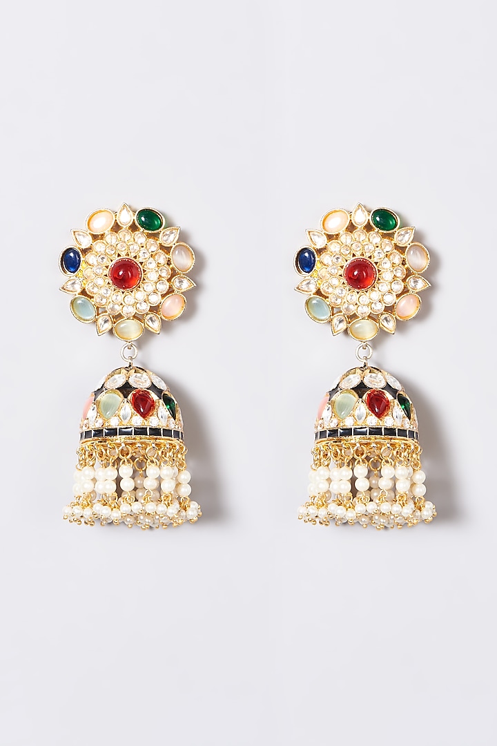 Gold Plated Kundan Polki & Pearl Jhumka Earrings by Zevar by Geeta