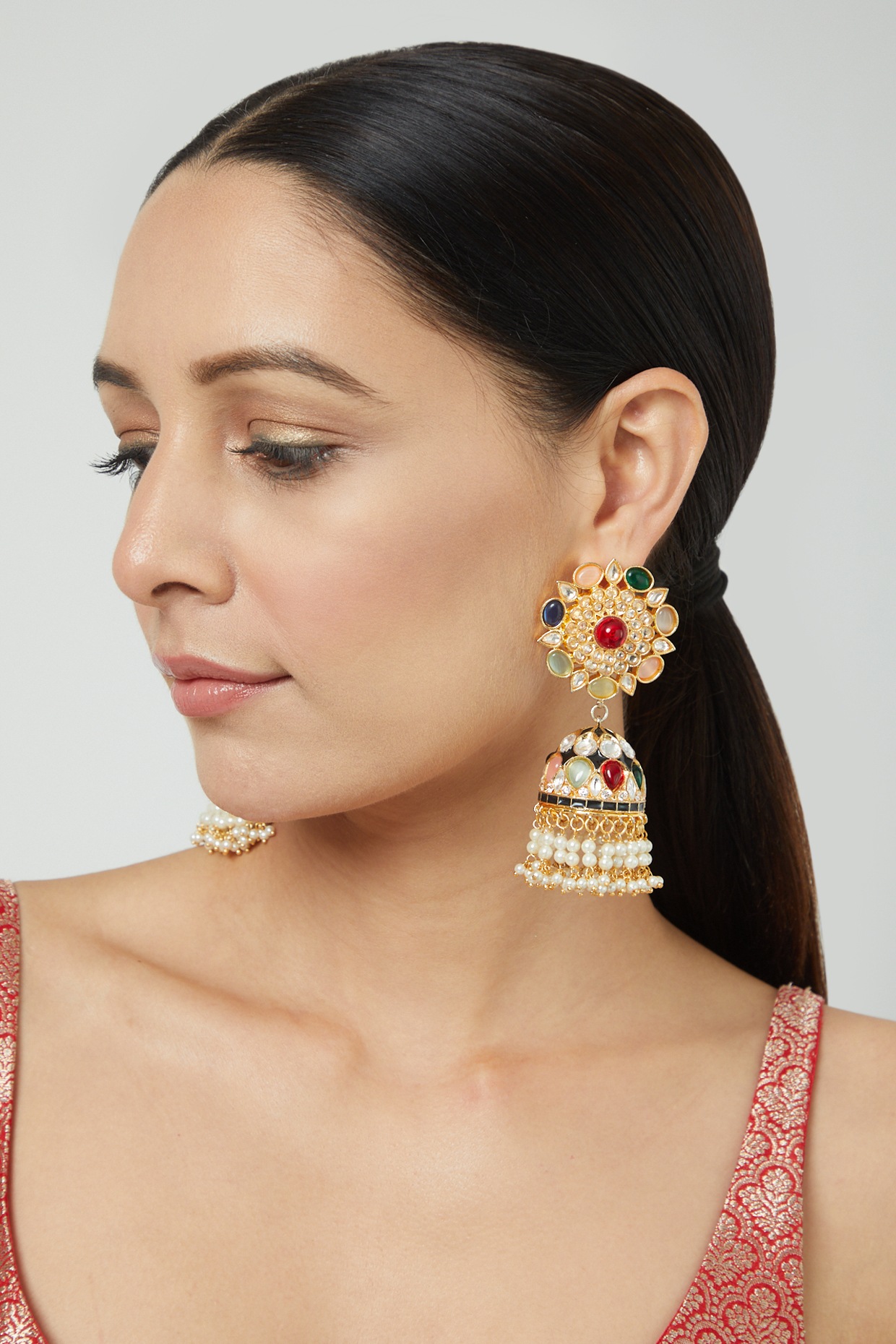 Meenakari Work kundan jhumka earrings Set By Zevar