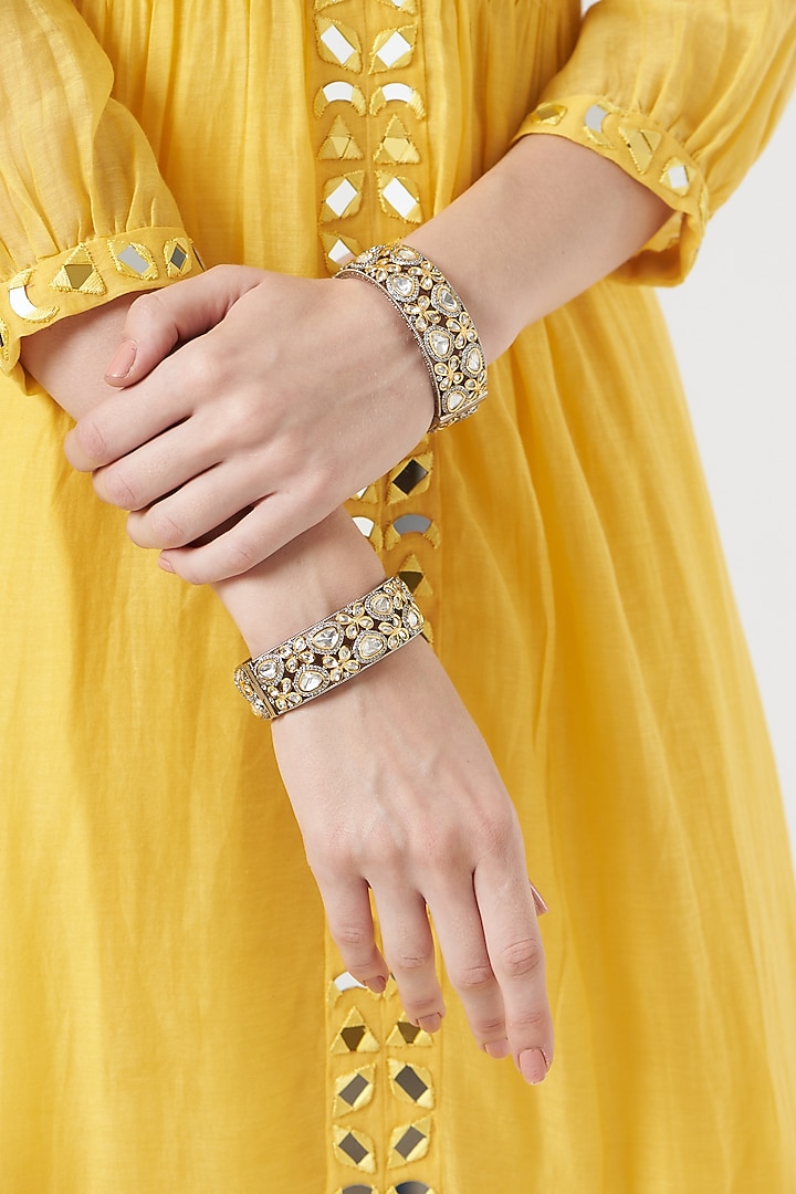 Black Rhodium Finish Kundan Polki Kadas (Set of 2) by Zevar by Geeta at Pernia's Pop Up Shop
