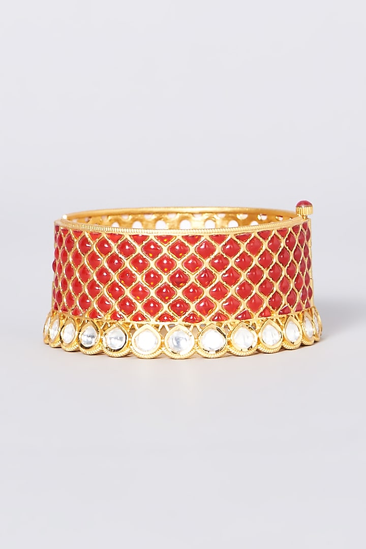 Gold Finish Kundan Polki & Red Stone Cuff by Zevar by Geeta at Pernia's Pop Up Shop