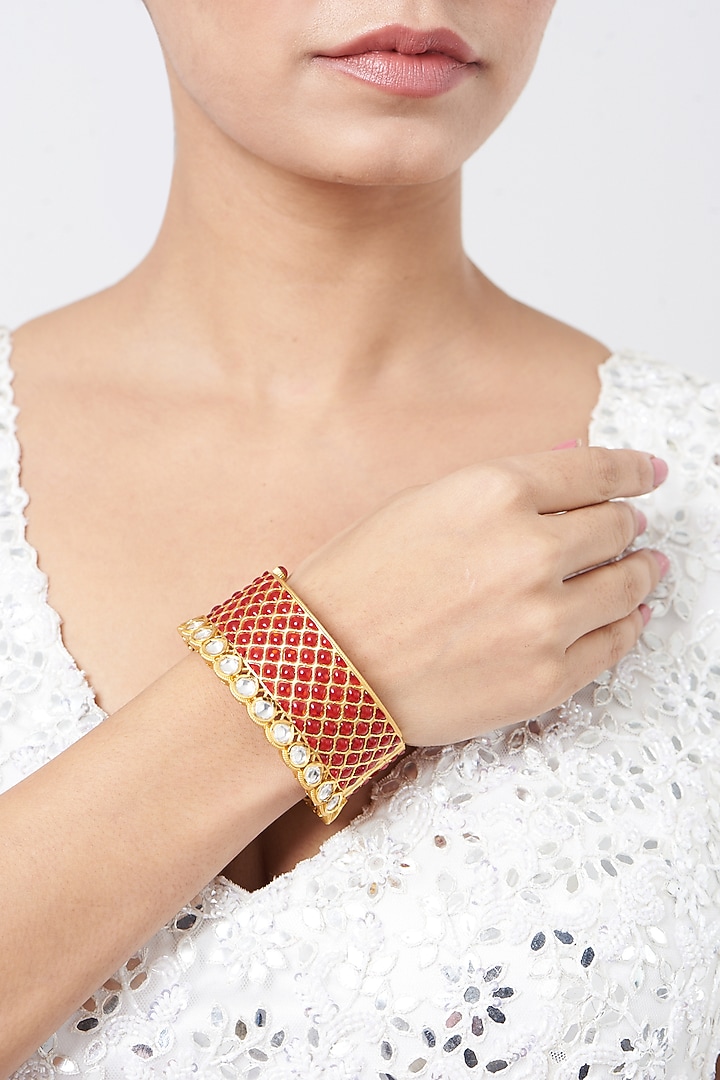 Gold Finish Kundan Polki & Red Stone Cuff by Zevar by Geeta at Pernia's Pop Up Shop