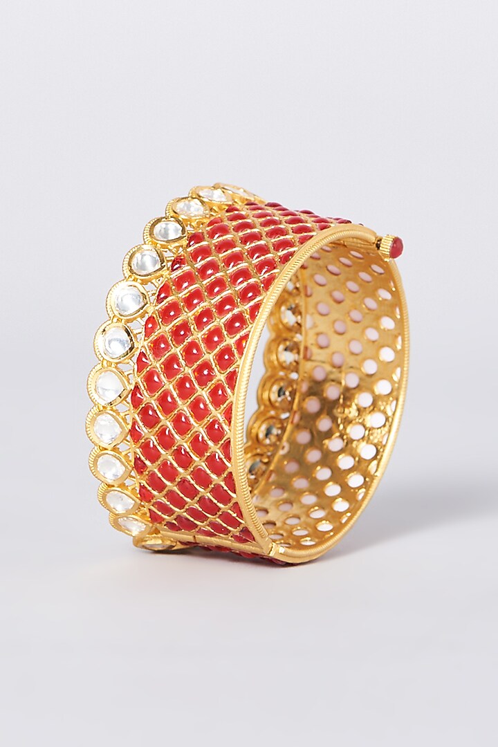 Gold Finish Kundan Polki & Red Stone Cuff by Zevar by Geeta at Pernia's Pop Up Shop