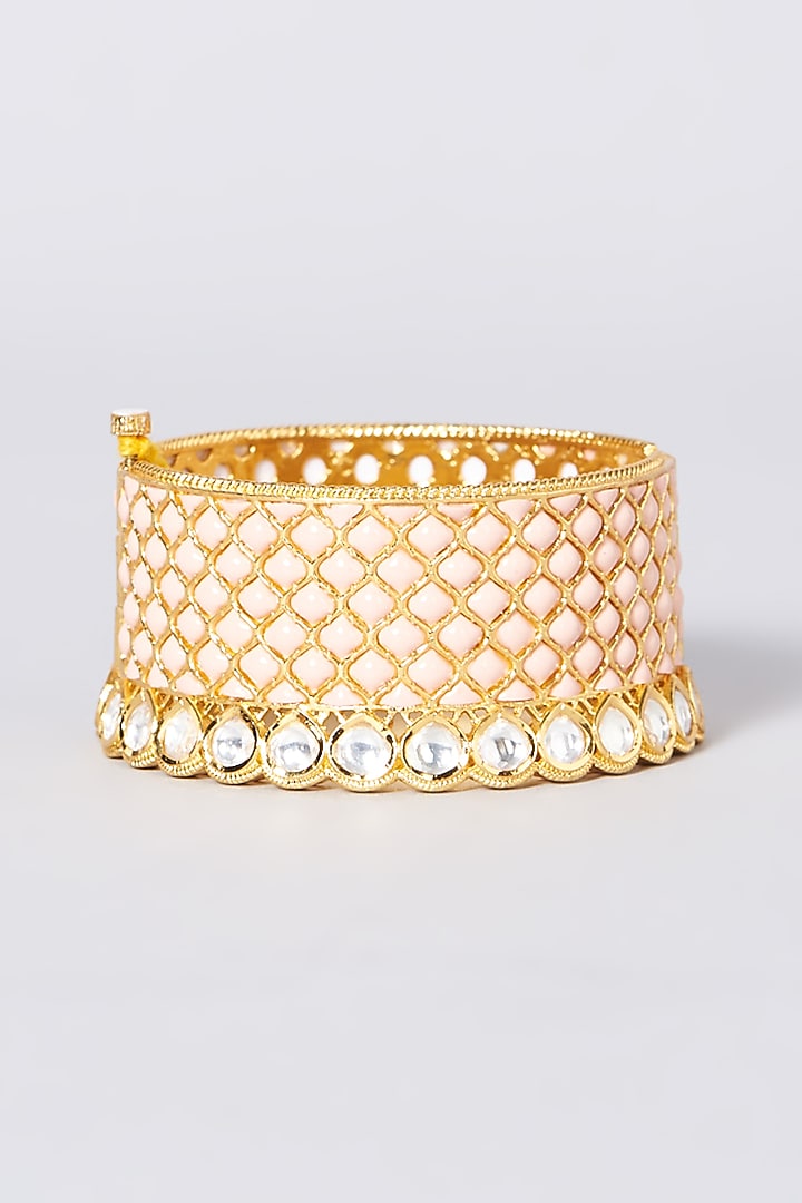 Gold Finish Kundan Polki & Pink Stone Cuff by Zevar by Geeta at Pernia's Pop Up Shop