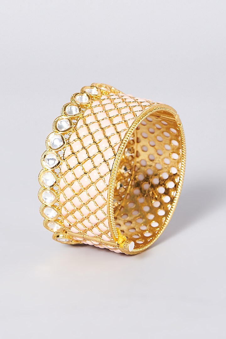 Gold Finish Kundan Polki & Pink Stone Cuff by Zevar by Geeta at Pernia's Pop Up Shop