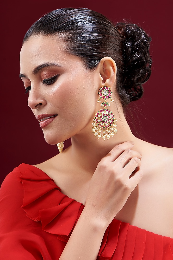 Gold Plated Pearl Meenakari Dangler Earrings by Zevar by Geeta
