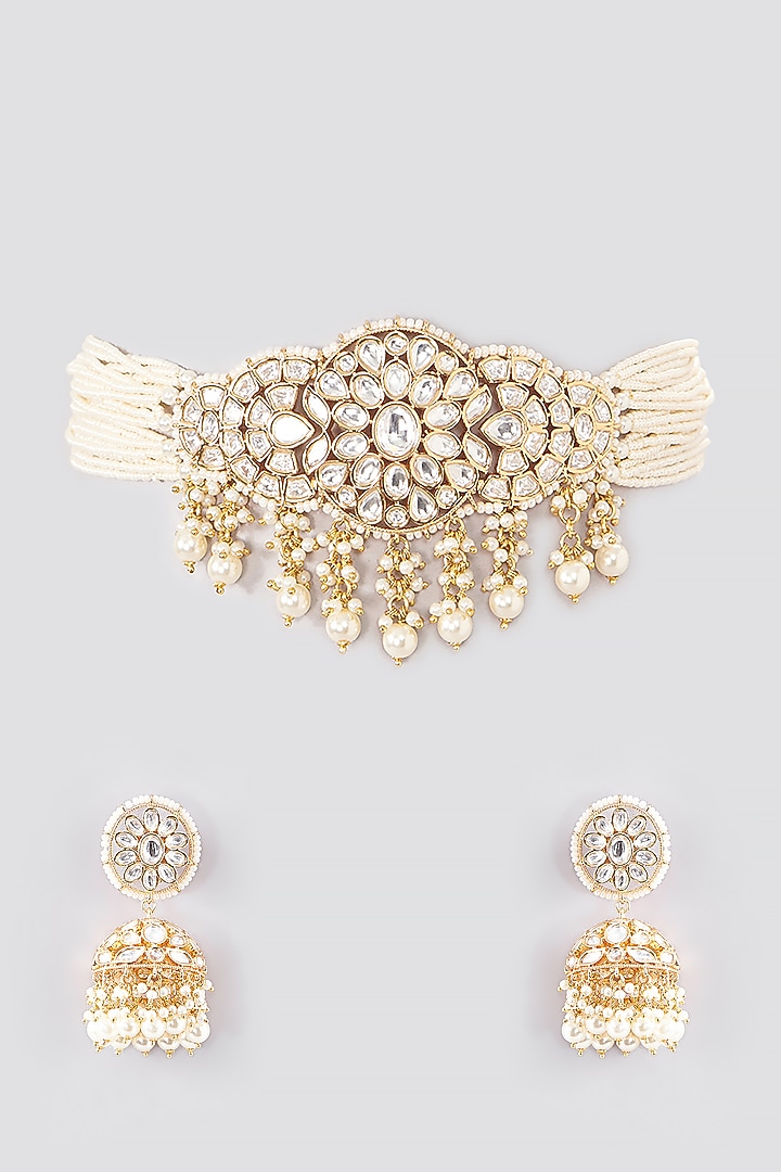 Gold Plated Kundan Polki & Pearl String Choker Necklace Set by Zevar by Geeta at Pernia's Pop Up Shop