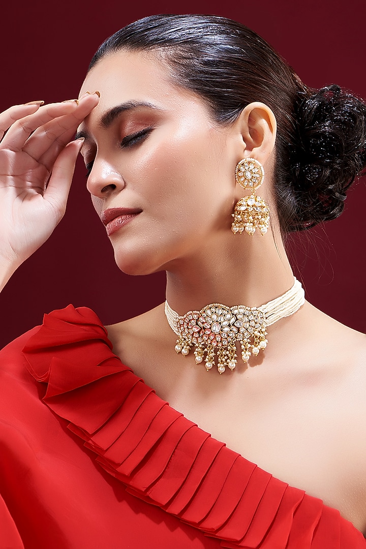 Gold Plated Kundan Polki & Pearl String Choker Necklace Set by Zevar by Geeta at Pernia's Pop Up Shop