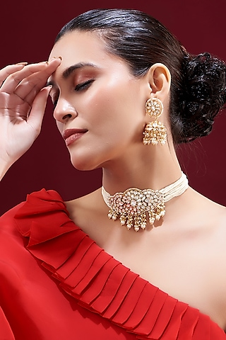 Gold Plated Kundan Polki & Pearl String Choker Necklace Set by Zevar by Geeta