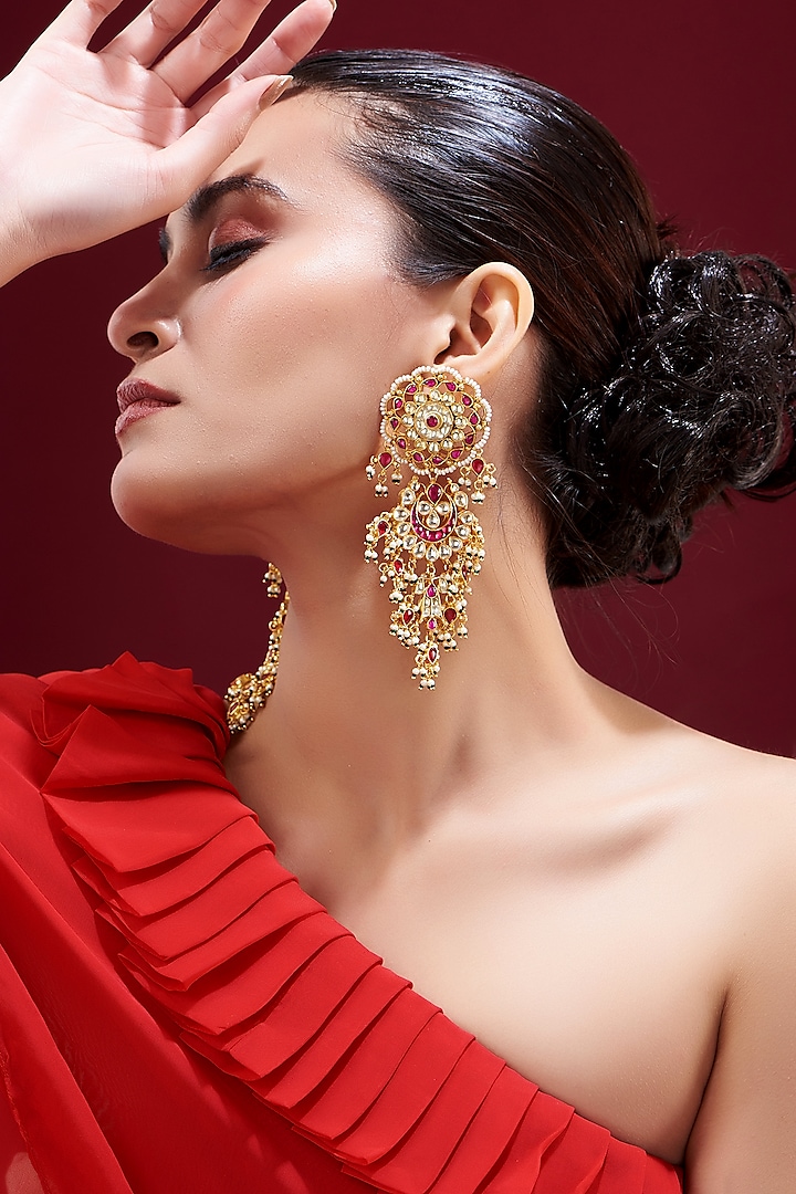 Gold Plated Pearl Meenakari Dangler Earrings by Zevar by Geeta at Pernia's Pop Up Shop