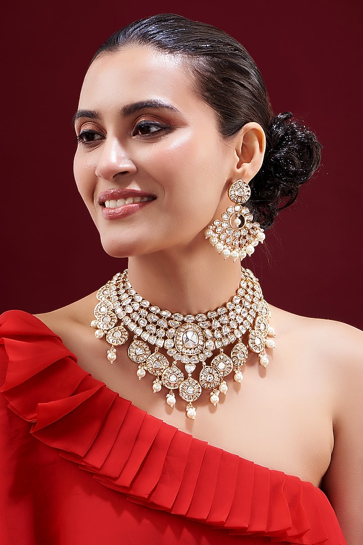 Gold Plated Kundan Polki Necklace Set by Zevar by Geeta at Pernia's Pop Up Shop