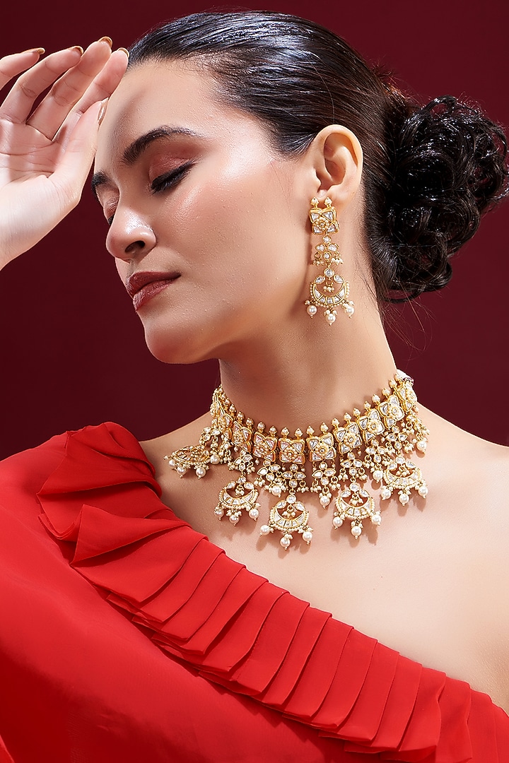 Gold Plated Kundan Polki Necklace Set by Zevar by Geeta at Pernia's Pop Up Shop