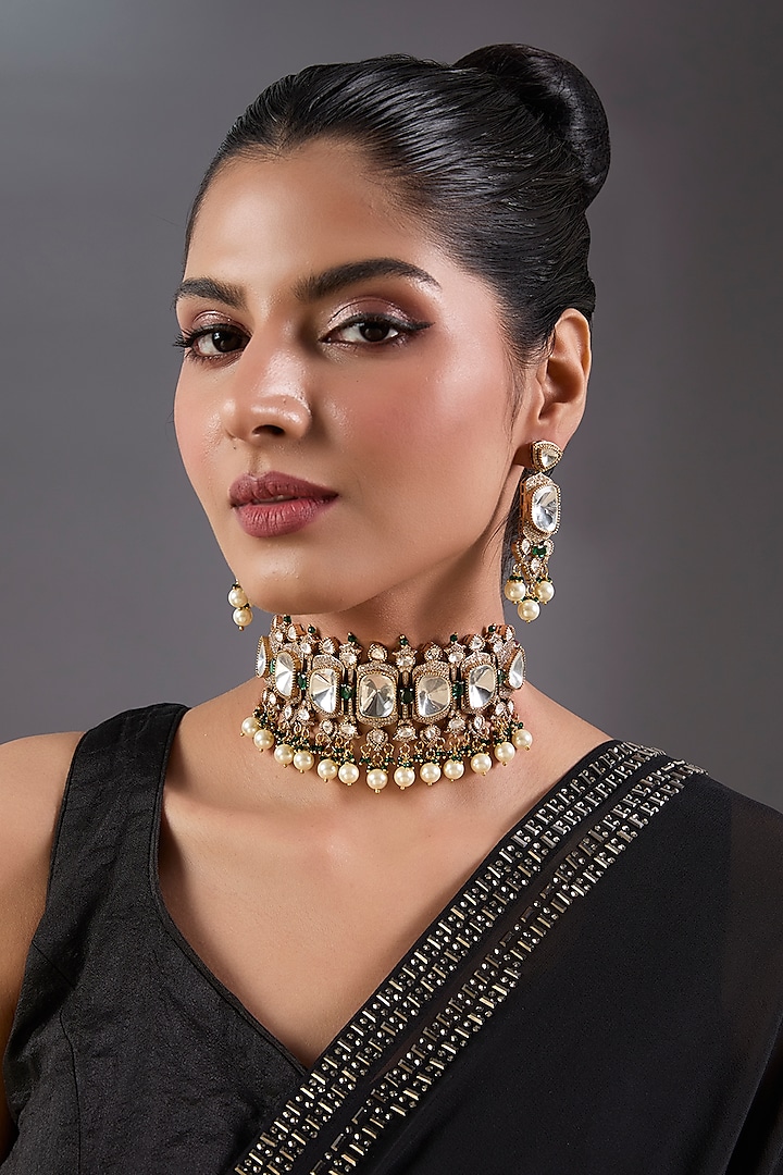 Black Rhodium Finish Kundan Polki & Green Stone Choker Necklace Set by Zevar By Geeta at Pernia's Pop Up Shop