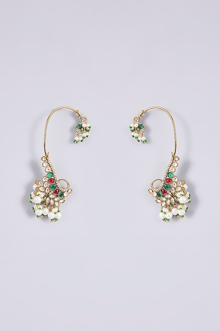 Gold Finish Kundan Polki & Multi-Colored Stone Earcuffs (Set Of 2) by Zevar By Geeta at Pernia's Pop Up Shop