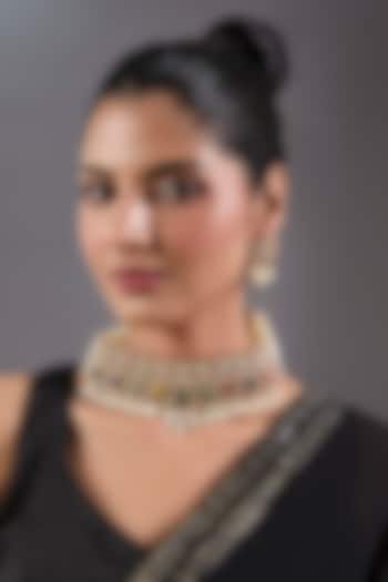 Black Rhodium Finish Kundan Polki & Navratna Stone Necklace Set by Zevar By Geeta at Pernia's Pop Up Shop