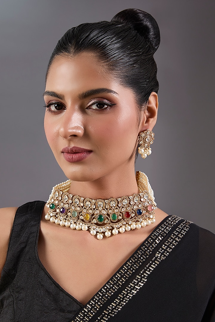 Black Rhodium Finish Kundan Polki & Navratna Stone Necklace Set by Zevar By Geeta at Pernia's Pop Up Shop
