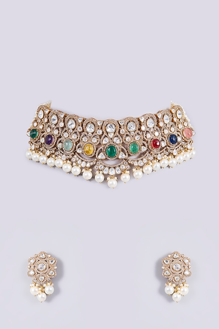 Black Rhodium Finish Kundan Polki & Navratna Stone Necklace Set by Zevar By Geeta at Pernia's Pop Up Shop