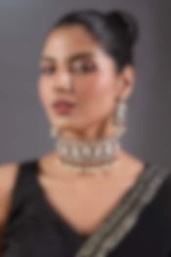 Black Rhodium Finish Kundan Polki & Red Stone Choker Necklace Set by Zevar By Geeta at Pernia's Pop Up Shop