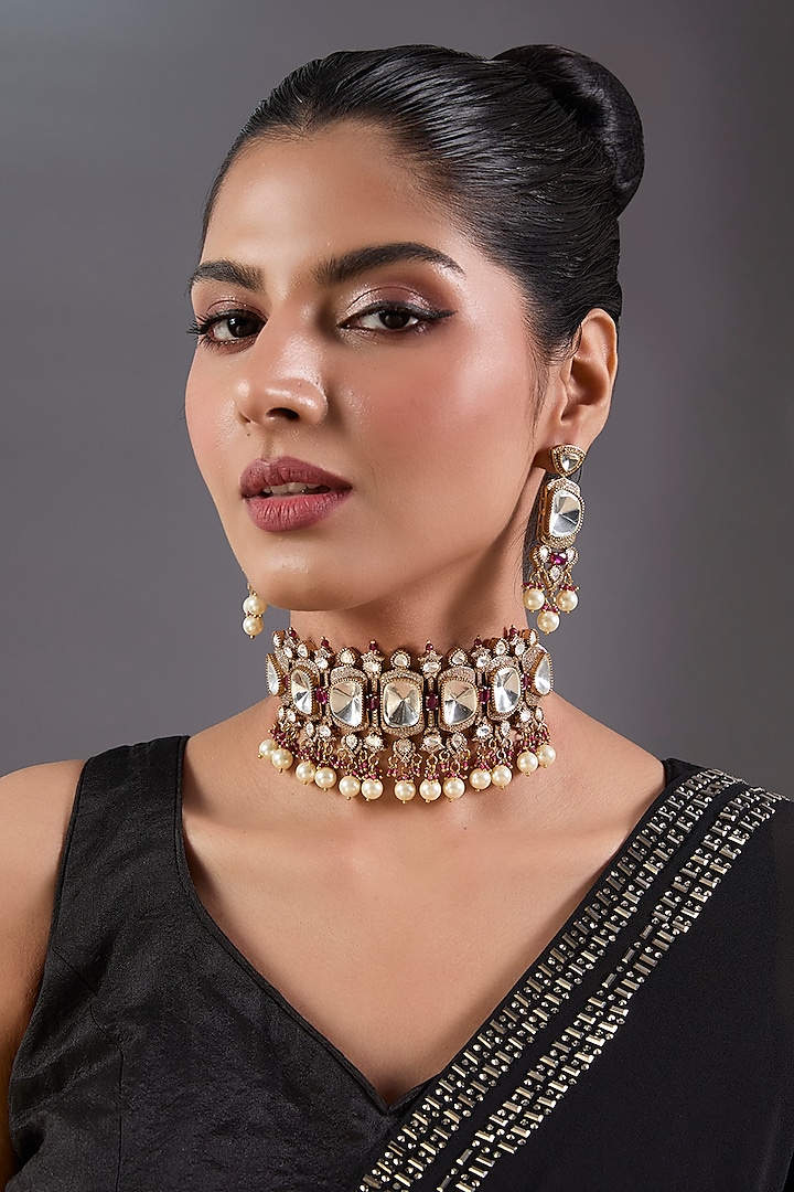 Black Rhodium Finish Kundan Polki & Red Stone Choker Necklace Set by Zevar By Geeta at Pernia's Pop Up Shop