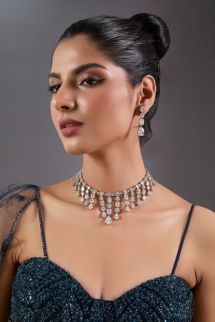 White Finish Diamond Necklace Set by Zevar By Geeta at Pernia's Pop Up Shop