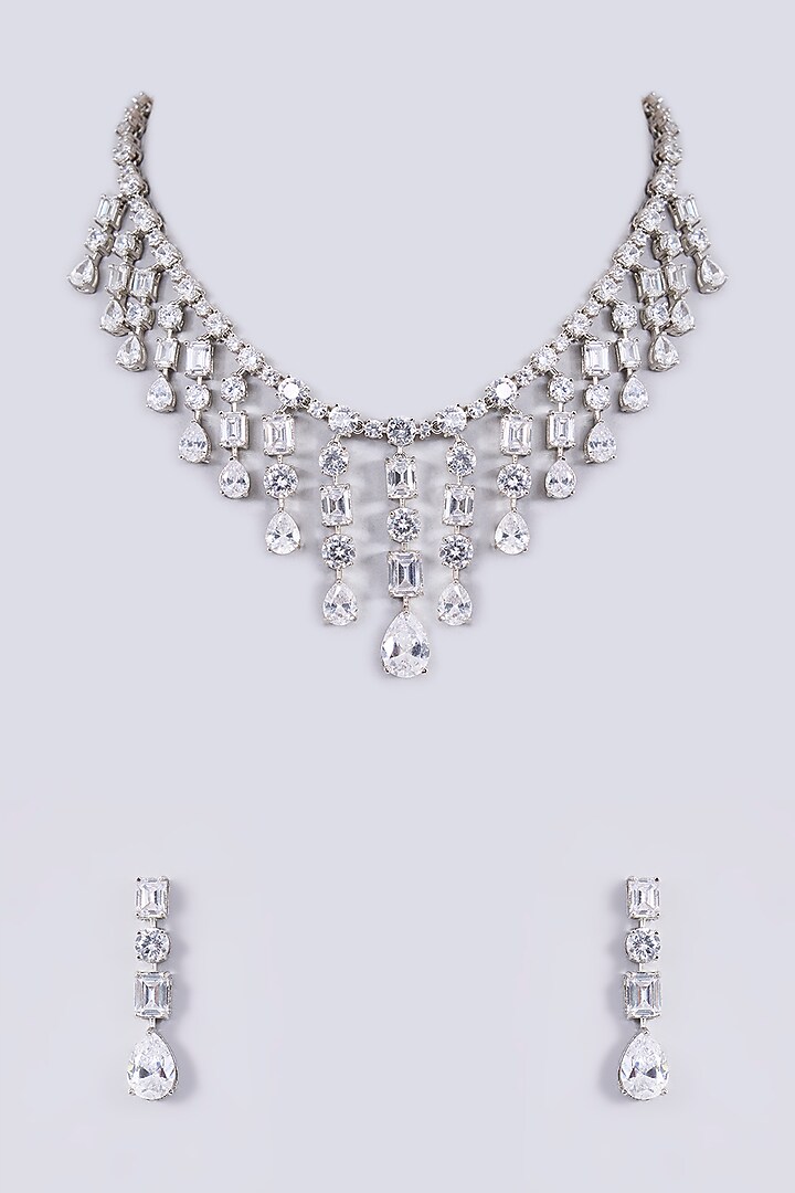 White Finish Diamond Necklace Set by Zevar By Geeta at Pernia's Pop Up Shop