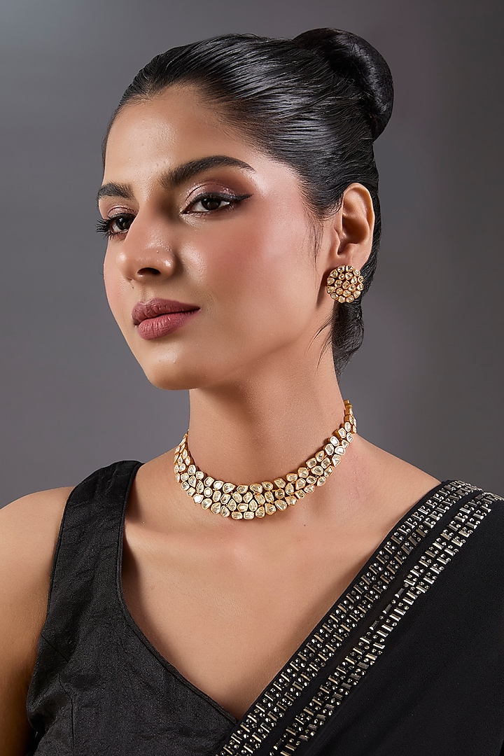 Gold Finish Moissanite Stone Necklace Set by Zevar By Geeta at Pernia's Pop Up Shop