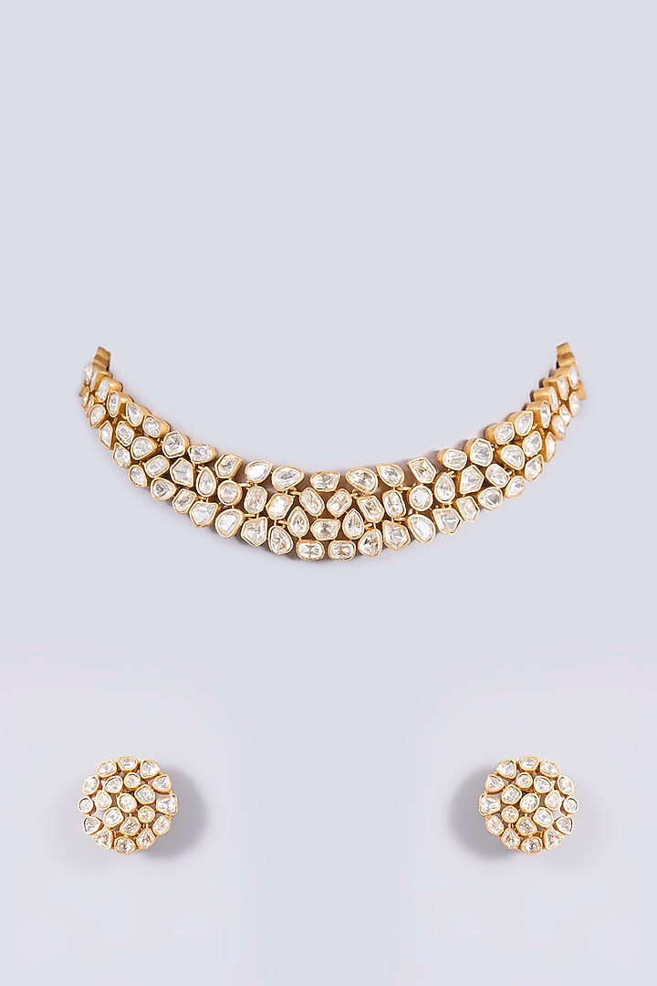 Gold Finish Moissanite Stone Necklace Set by Zevar By Geeta at Pernia's Pop Up Shop