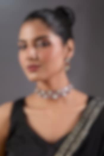 Black Rhodium Finish Kundan Polki & Pink Stone Choker Necklace Set by Zevar By Geeta at Pernia's Pop Up Shop