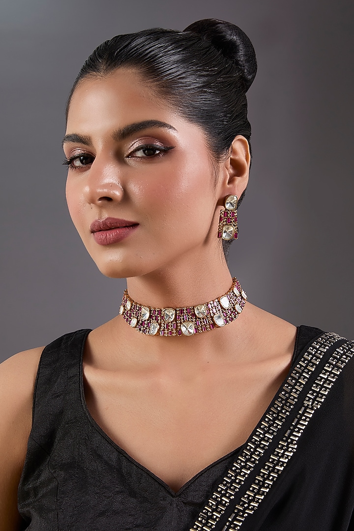 Black Rhodium Finish Kundan Polki & Pink Stone Choker Necklace Set by Zevar By Geeta at Pernia's Pop Up Shop