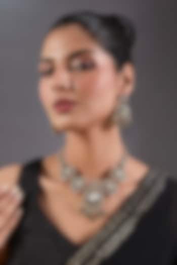 Black Rhodium Finish Kundan Polki & Green Stone Long Necklace Set by Zevar By Geeta at Pernia's Pop Up Shop
