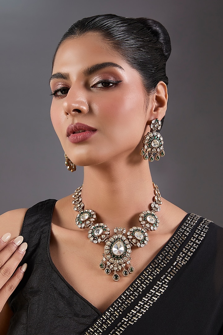 Black Rhodium Finish Kundan Polki & Green Stone Long Necklace Set by Zevar By Geeta at Pernia's Pop Up Shop