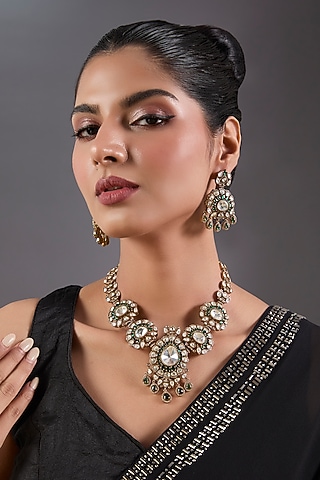 Black Rhodium Finish Kundan Polki & Green Stone Long Necklace Set by Zevar By Geeta