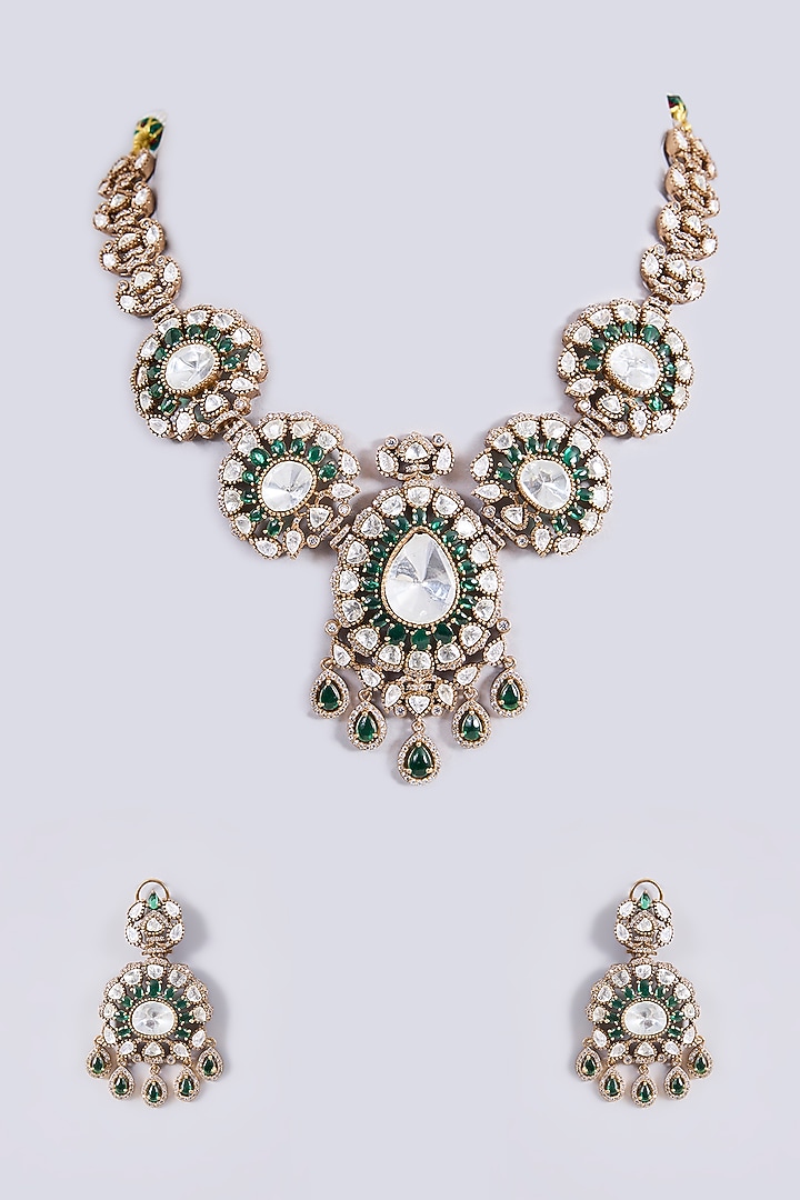 Black Rhodium Finish Kundan Polki & Green Stone Long Necklace Set by Zevar By Geeta at Pernia's Pop Up Shop