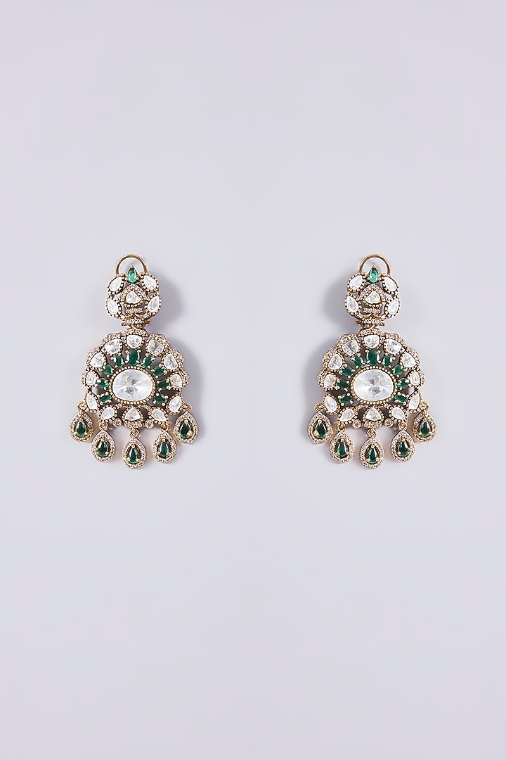 Black Rhodium Finish Kundan Polki & Green Stone Long Necklace Set by Zevar By Geeta at Pernia's Pop Up Shop
