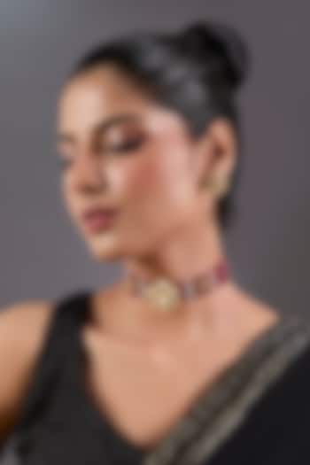 Gold Finish Red Beaded & Pearl Choker Necklace Set by Zevar By Geeta at Pernia's Pop Up Shop