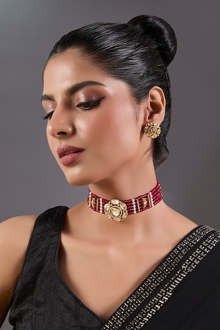 Gold Finish Red Beaded & Pearl Choker Necklace Set by Zevar By Geeta at Pernia's Pop Up Shop