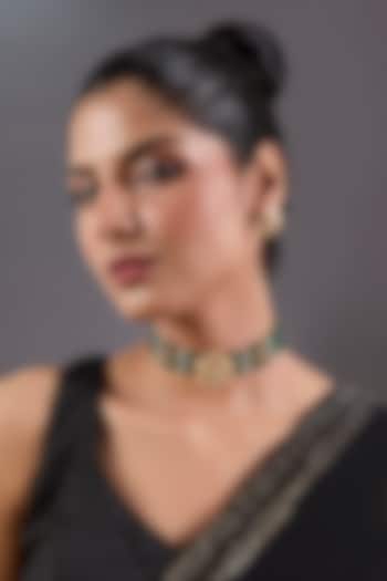 Gold Finish Green Beaded & Pearl Choker Necklace Set by Zevar By Geeta at Pernia's Pop Up Shop