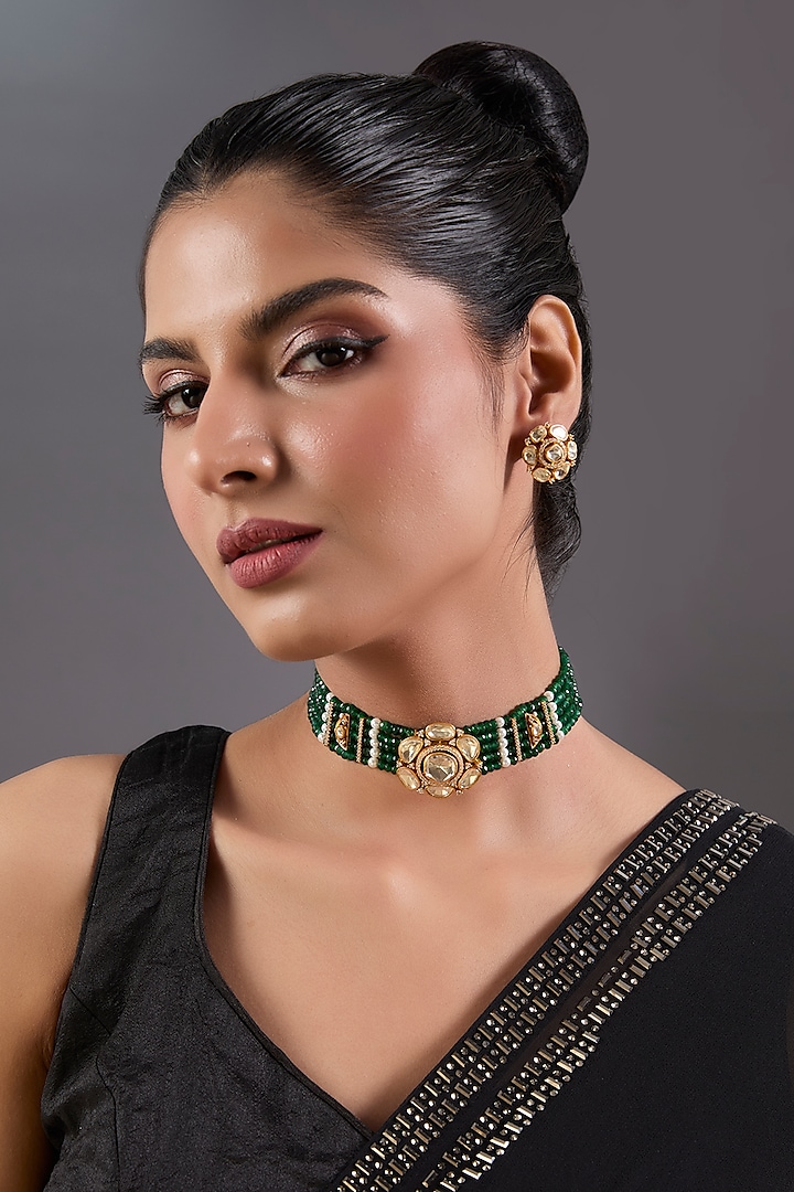 Gold Finish Green Beaded & Pearl Choker Necklace Set by Zevar By Geeta at Pernia's Pop Up Shop
