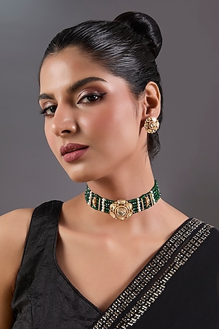 Gold Finish Green Beaded & Pearl Choker Necklace Set by Zevar By Geeta