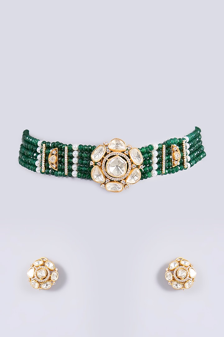 Gold Finish Green Beaded & Pearl Choker Necklace Set by Zevar By Geeta at Pernia's Pop Up Shop