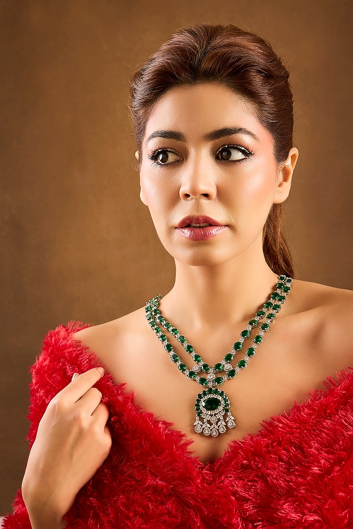 White Finish Green Stone Necklace Stone by Zevar By Geeta at Pernia's Pop Up Shop