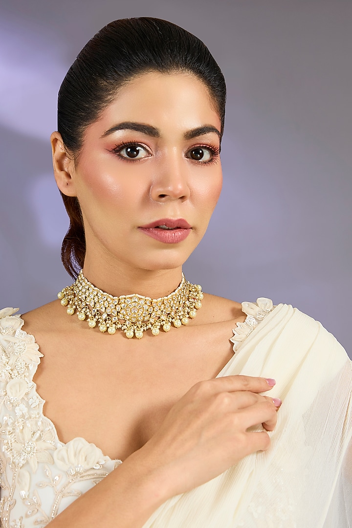 Gold Finish White Stone Choker Necklace by Zevar By Geeta at Pernia's Pop Up Shop